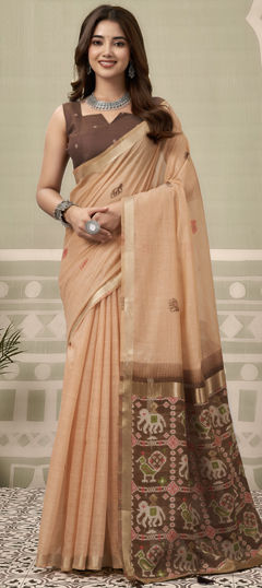 Beige and Brown color Saree in Silk fabric with Printed work
