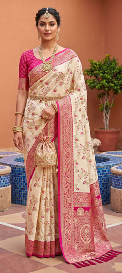 White and Off White color Saree in Banarasi Silk fabric with Weaving, Zari work