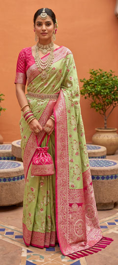 Green color Saree in Banarasi Silk fabric with Weaving, Zari work