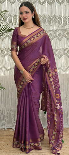Purple and Violet color Saree in Cotton fabric with Printed, Zari work