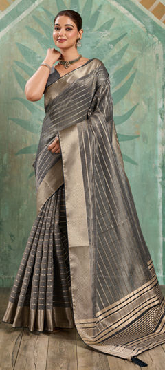 Black and Grey color Saree in Tissue fabric with Weaving work