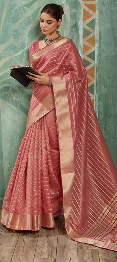 Pink and Majenta color Saree in Tissue fabric with Weaving work