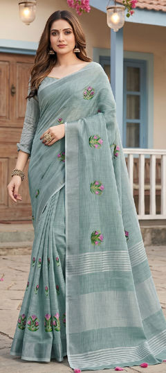 Green color Saree in Linen fabric with Embroidered work