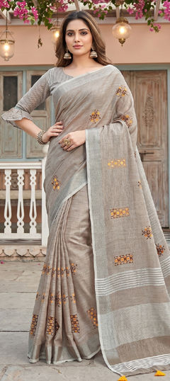 Beige and Brown color Saree in Linen fabric with Embroidered work