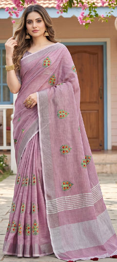 Purple and Violet color Saree in Linen fabric with Embroidered work