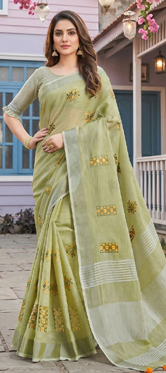 Green color Saree in Linen fabric with Embroidered work