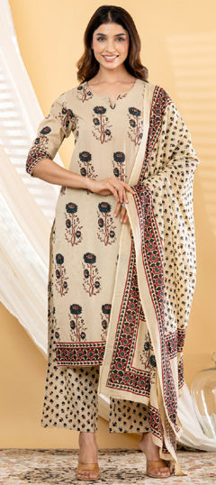 Beige and Brown, Green color Salwar Kameez in Cotton fabric with Bugle Beads, Cut Dana, Floral, Mirror, Printed, Sequence work