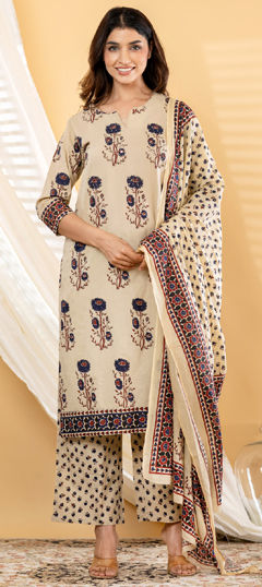 Beige and Brown, Blue color Salwar Kameez in Cotton fabric with Bugle Beads, Floral, Mirror, Printed, Sequence work
