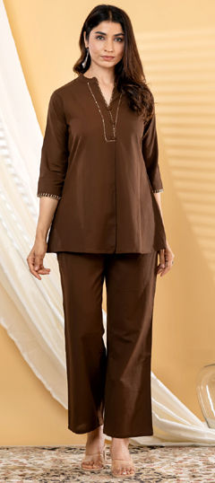 Beige and Brown color Co-ords Set in Cotton Flex fabric with Sequence, Thread work
