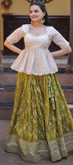 Green color Long Lehenga Choli in Viscose fabric with Embroidered, Sequence, Zari work