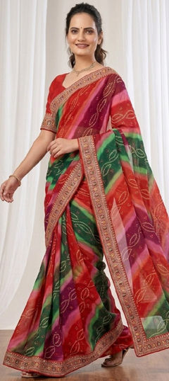 Multicolor color Saree in Georgette fabric with Bandhej, Digital Print, Embroidered work