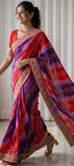 Multicolor color Saree in Georgette fabric with Bandhej, Digital Print, Embroidered work