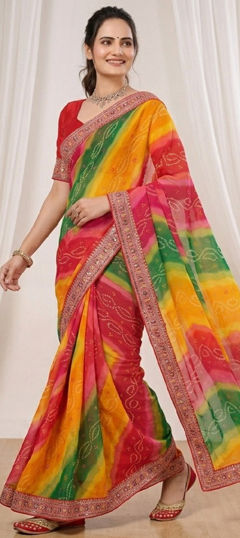 Multicolor color Saree in Georgette fabric with Bandhej, Digital Print, Embroidered work