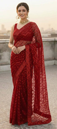 Red and Maroon color Saree in Georgette fabric with Sequence work