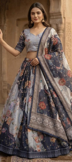 Black and Grey color Lehenga in Silk fabric with Floral, Printed, Sequence work