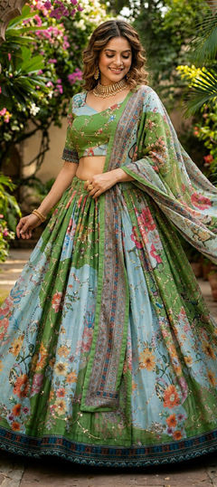 Green color Lehenga in Silk fabric with Floral, Printed, Sequence work