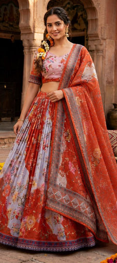 Red and Maroon color Lehenga in Silk fabric with Floral, Printed, Sequence work