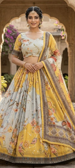 Yellow color Lehenga in Silk fabric with Floral, Printed, Sequence work
