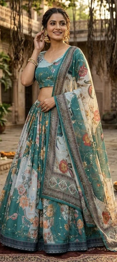 Blue color Lehenga in Silk fabric with Floral, Printed, Sequence work