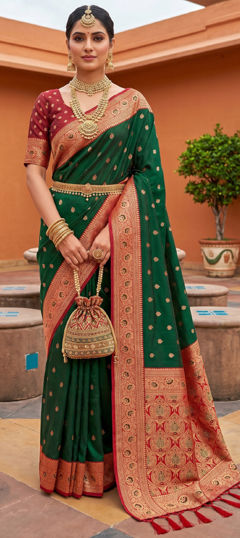 Green color Saree in Silk fabric with Weaving, Zari work