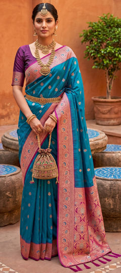 Blue color Saree in Silk fabric with Weaving, Zari work