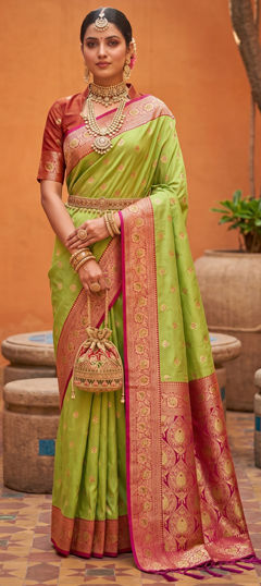 Green color Saree in Silk fabric with Weaving, Zari work