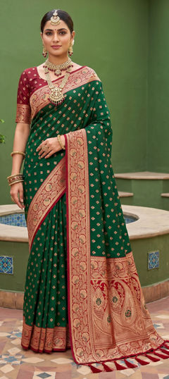 Green color Saree in Silk fabric with Weaving, Zari work