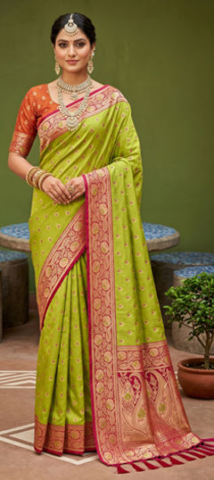 Green color Saree in Silk fabric with Weaving, Zari work