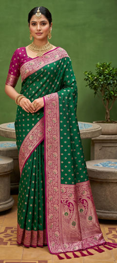 Green color Saree in Silk fabric with Weaving, Zari work