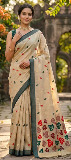 Beige and Brown color Saree in Linen fabric with Weaving work