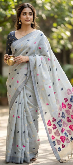 Black and Grey color Saree in Linen fabric with Weaving work