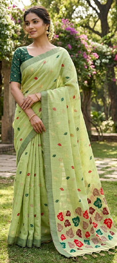 Green color Saree in Linen fabric with Weaving work