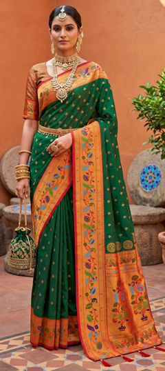 Green color Saree in Silk fabric with Weaving work