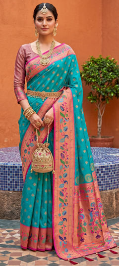 Green color Saree in Silk fabric with Weaving work