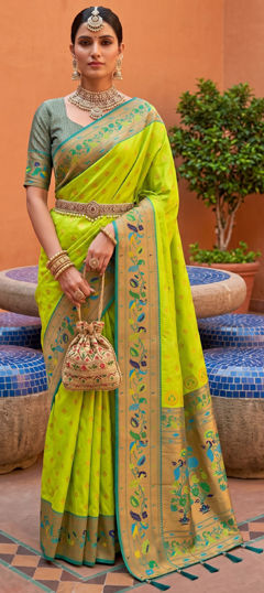 Green color Saree in Silk fabric with Weaving work