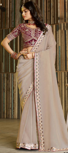 Beige and Brown color Readymade Saree in Silk fabric with Embroidered, Sequence, Thread work