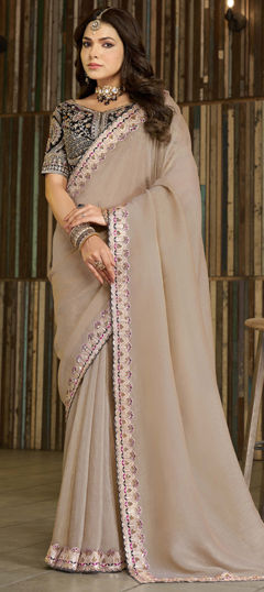 Beige and Brown color Readymade Saree in Silk fabric with Embroidered, Sequence, Thread work