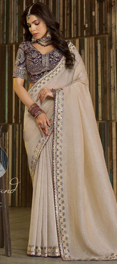 Beige and Brown color Readymade Saree in Silk fabric with Embroidered, Sequence, Thread work