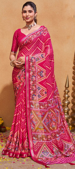 Pink and Majenta color Saree in Silk fabric with Bandhej, Printed, Weaving work