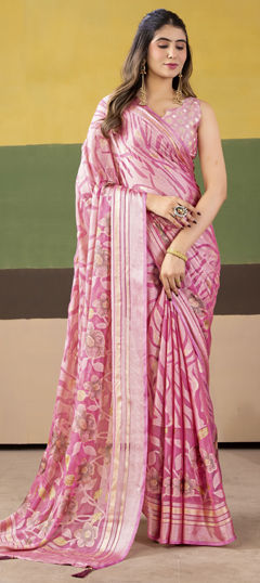 Pink and Majenta color Saree in Silk fabric with Floral, Printed, Weaving work