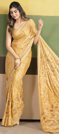 Yellow color Saree in Silk fabric with Floral, Printed, Weaving work