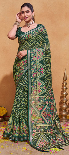Green color Saree in Silk fabric with Bandhej, Printed, Weaving work