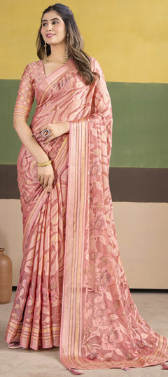 Pink and Majenta color Saree in Silk fabric with Floral, Printed, Weaving work