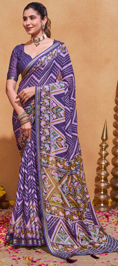 Purple and Violet color Saree in Silk fabric with Bandhej, Printed, Weaving work