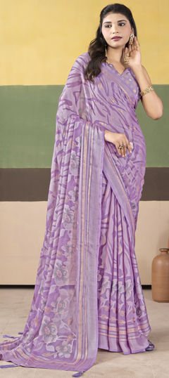 Purple and Violet color Saree in Silk fabric with Floral, Printed, Weaving work