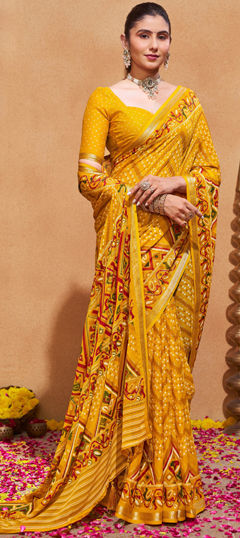 Yellow color Saree in Silk fabric with Bandhej, Printed, Weaving work