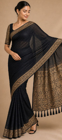 Black and Grey color Saree in Chiffon fabric with Weaving work