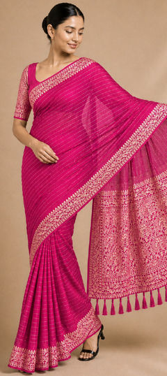 Pink and Majenta color Saree in Chiffon fabric with Weaving work