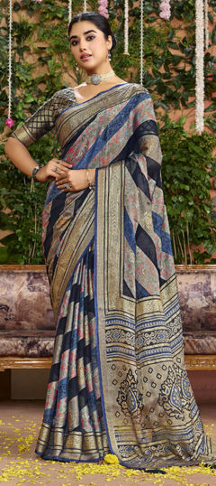 Black and Grey color Saree in Silk fabric with Printed work