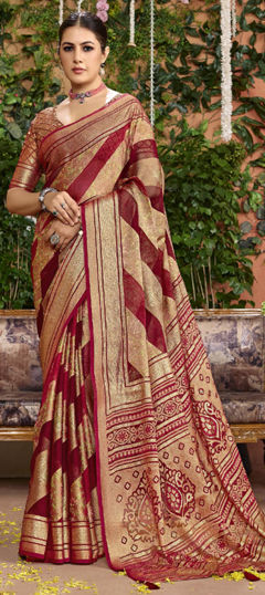 Red and Maroon color Saree in Silk fabric with Printed work